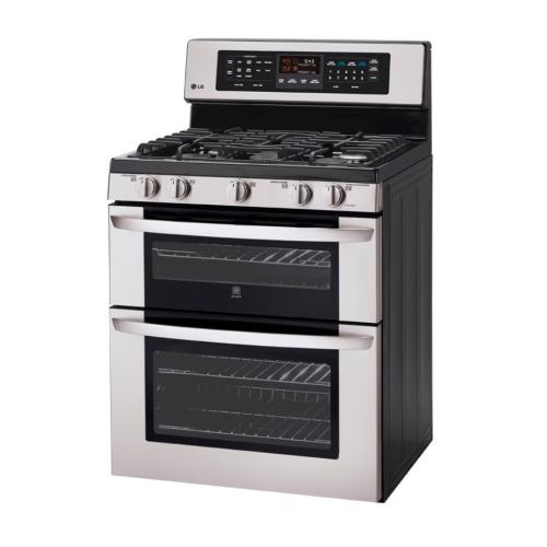 LG LDG3017ST 30 Inch Freestanding Gas Double Oven Range with 5 Sealed Burners, SuperBoil Burner, 6.1 cu. ft. Total Capacity, Griddle, EvenJet Convection System, Infrared Grill System, WideView Window and Brilliant Blue Interior