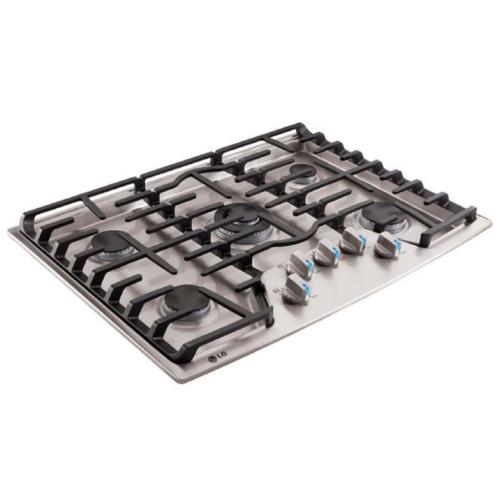 LG LCG3091ST 30 Inch Gas Cooktop with 5 Sealed Burners, 19,000 BTU Center UltraHeat Burner, Cast Iron Continuous Grates and Blue LED Backlit Knobs