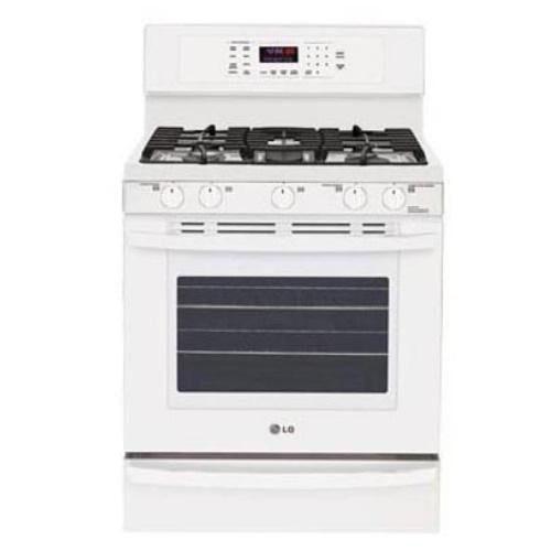 LG LRG3095SW 30 Inch Freestanding Gas Range with 5 Sealed Burners, 17,000 BTU SuperBoil Burner, Continuous Grates, 5.4 cu. ft. EvenJet Convection Oven, Self-Clean, Heavy Duty Racks and Storage Drawer: White